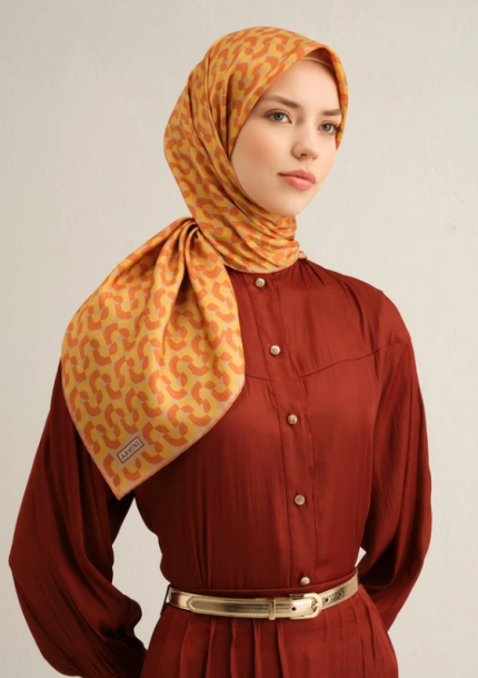 Armine Sura İpek Eşarp 9321-51 Turuncu Karışık Desen