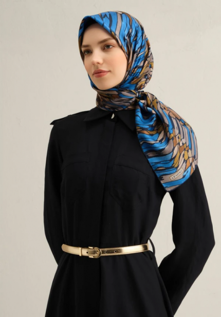 Armine Sura İpek Eşarp 9335-01 Mavi Karışık Desen