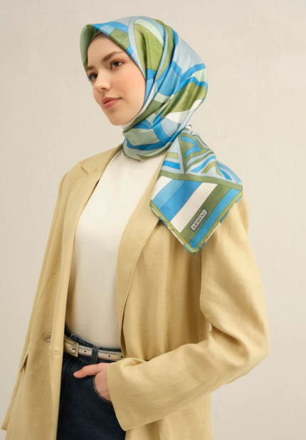 Armine Sura İpek Eşarp 9336-51 Mavi Karışık Desen