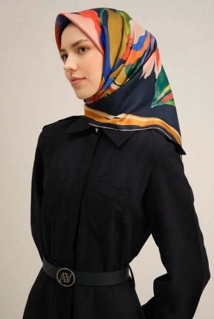 Armine Tivil İpek Eşarp 9340-55 Lacivert Karışık Desen