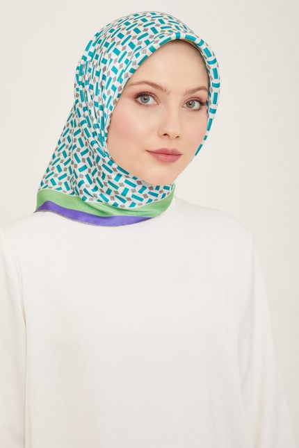 Armine Turkuaz Gri Geometrik Desen Sura İpek Eşarp 9151-51