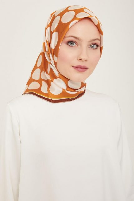 Armine Turuncu-Beyaz Puantiye Desen Tivil İpek Eşarp 9156-32