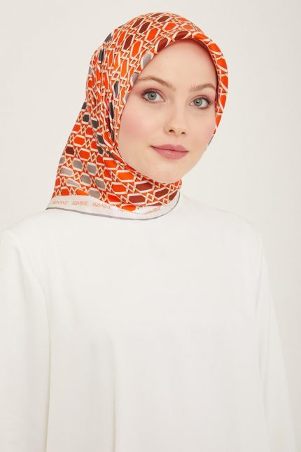 Armine Turuncu-Gri Geometrik Desen Tivil İpek Eşarp 9144-37