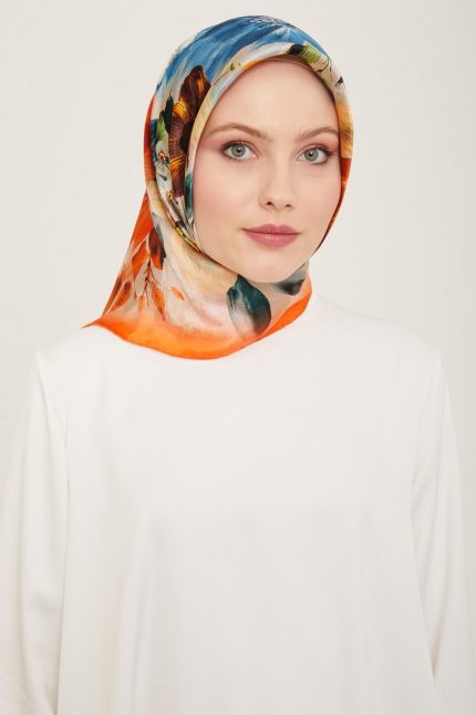 Armine Turuncu-İndigo Çiçek Desen Tivil İpek Eşarp 9133-35