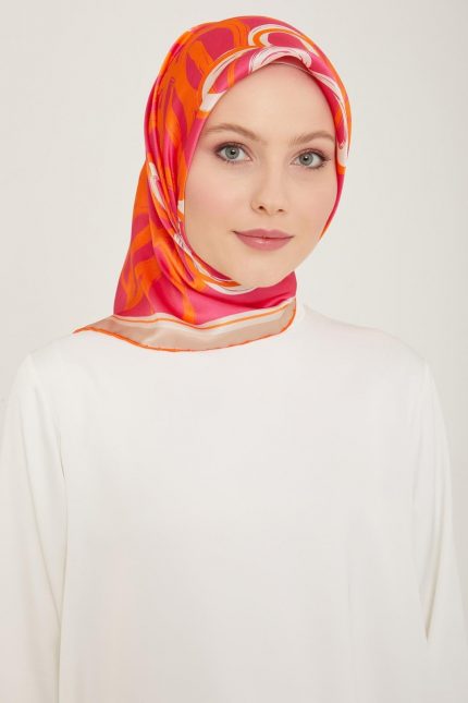 Armine Turuncu-Pembe Çiçek Desen Tivil İpek Eşarp 9123-85