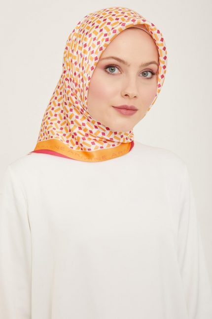 Armine Turuncu-Pembe Geometrik Desen Tivil İpek Eşarp 9151-52