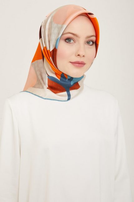 Armine Turuncu-Taba Lale Desen Tivil İpek Eşarp 9119-02