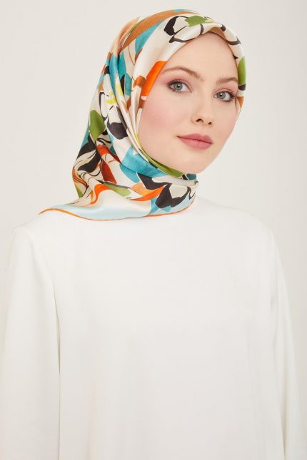 Armine Turuncu-Yeşil Çiçek Desen Sura İpek Eşarp 9153-80