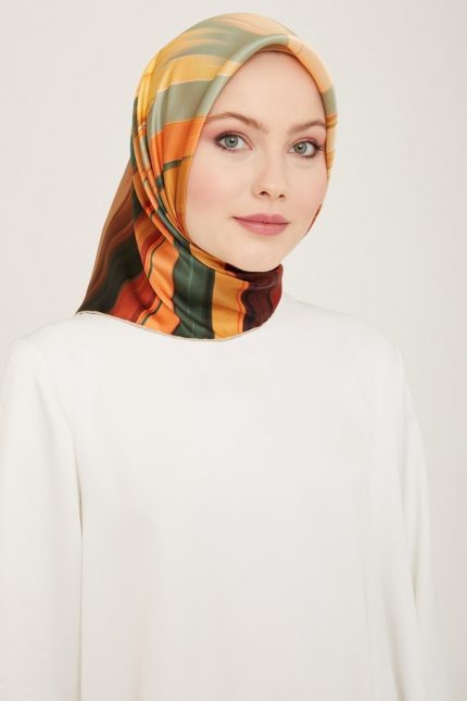 Armine Yeşil-Camel Fırça Desen Tivil İpek Eşarp 9131-02