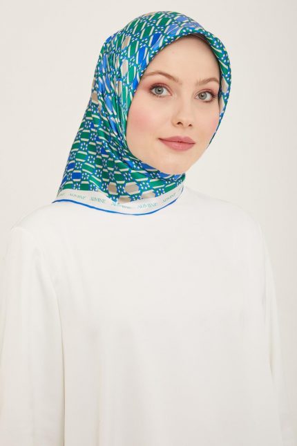 Armine Yeşil-Mavi Geometrik Desen Sura İpek Eşarp 9144-84