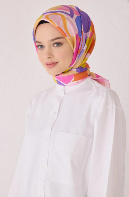 Belli Tivil İpek Eşarp 4054-02 Pembe Karışık Desen