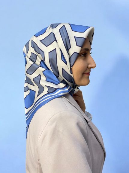 L'awilia Mavi Antrasit Gri Geometrik Desen Tivil İpek Eşarp 29027-37