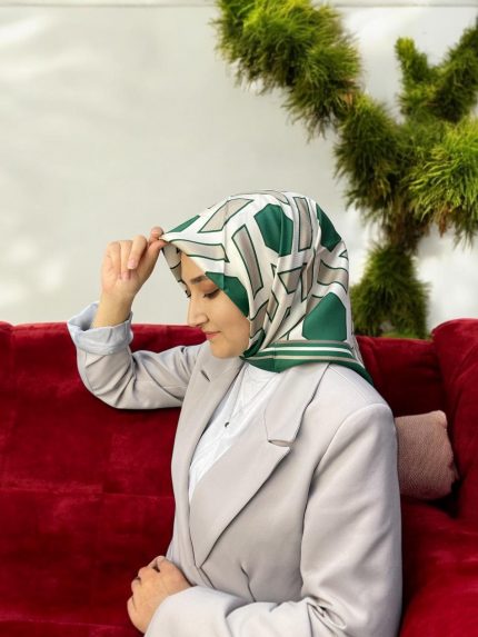 L'awilia Yeşil Gri Geometrik Desen Tivil İpek Eşarp 29027-38