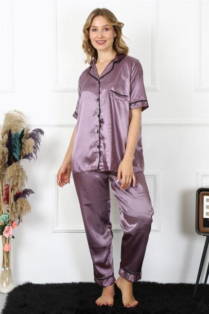 Modelisse - Kadın Büyük Beden Mor Saten Pijama Takımı 10303