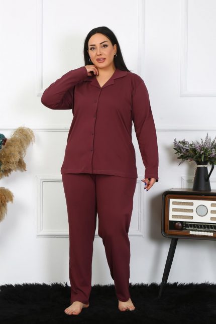 Modelisse - Kadın Büyük Beden Pamuklu Cepli Düğmeli Mürdüm Pijama Takım 202401