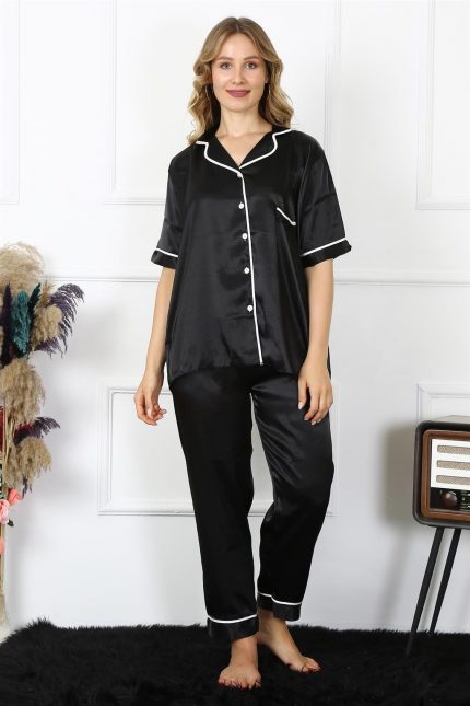 Modelisse - Kadın Büyük Beden Siyah Saten Pijama Takımı 10303