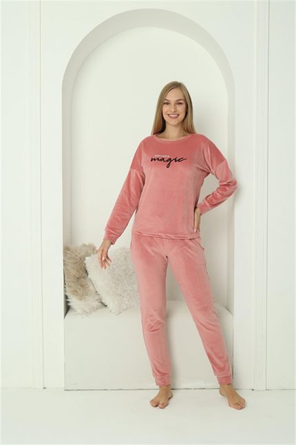 Modelisse - Kadın Kadife Pembe Pijama Takım 20624