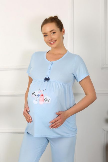 Modelisse - Kadın Kısa Kol Hamile Lohusa Pijama Takımı Mavi 45210