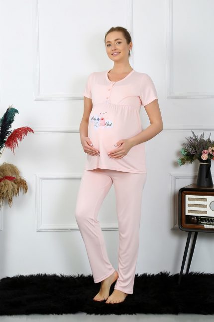 Modelisse - Kadın Kısa Kol Hamile Lohusa Pijama Takımı Pudra 45210