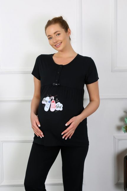 Modelisse - Kadın Kısa Kol Hamile Lohusa Pijama Takımı Siyah 45210