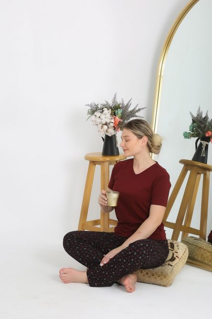 Modelisse - Kadın Kısa Kol Pamuk Penye Pijama Takım Bordo 4214