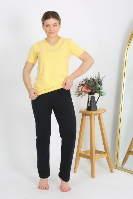 Modelisse - Kadın Kısa Kol Pamuk Penye Pijama Takım Sarı 4215