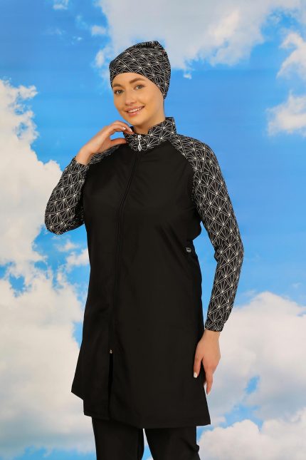 Modelisse - Kadın Pantolonlu Desenli Tam Tesettür Mayo Siyah 31072