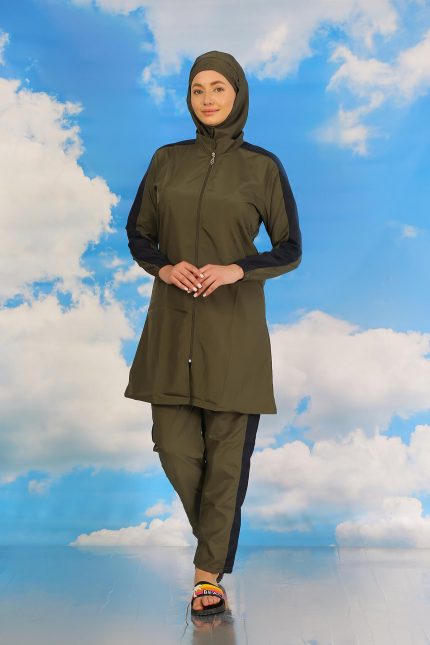 Modelisse - Kadın Pantolonlu Kolu Şeritli Tam Tesettür Mayo Haki 31066