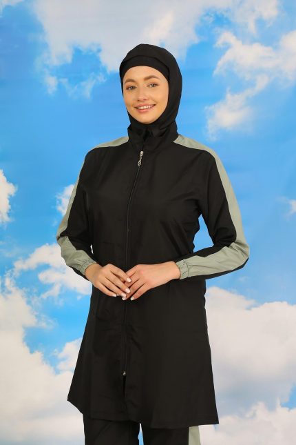 Modelisse - Kadın Pantolonlu Kolu Şeritli Tam Tesettür Mayo Siyah 31066