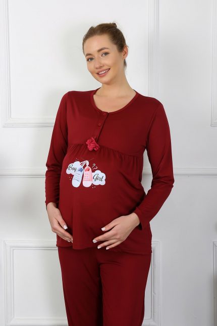 Modelisse - Kadın Uzun Kol Hamile Lohusa Pijama Takımı Bordo 45501