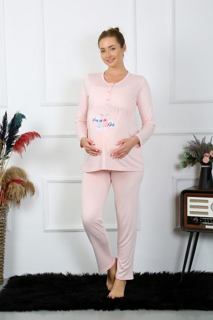 Modelisse - Kadın Uzun Kol Hamile Lohusa Pijama Takımı Pudra 45501