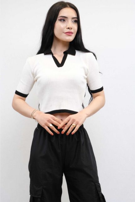 Modelisse - Renkli Yaka Triko Crop Beyaz
