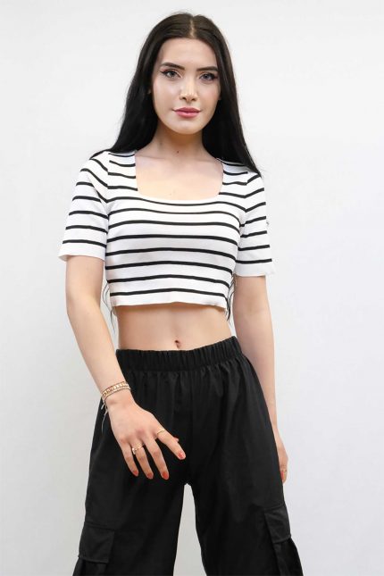 Modelisse - Triko Crop Çizgili  Beyaz