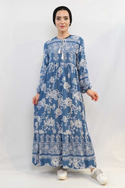 Modelisse - Vintage Desen Elbise Mavi