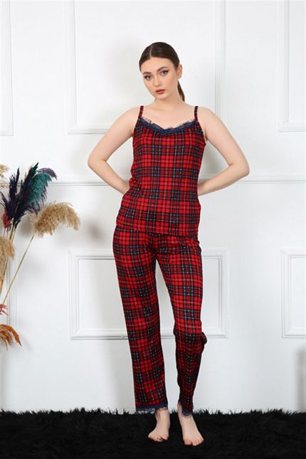 Modelisse - Kadın İp Askılı Kırmızı Ekoseli Pijama Takım 4135