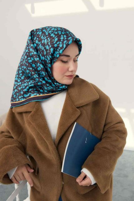 Silk Home Antrasit-Turkuaz Çiçek Desenli Tivil İpek Eşarp 11412-05