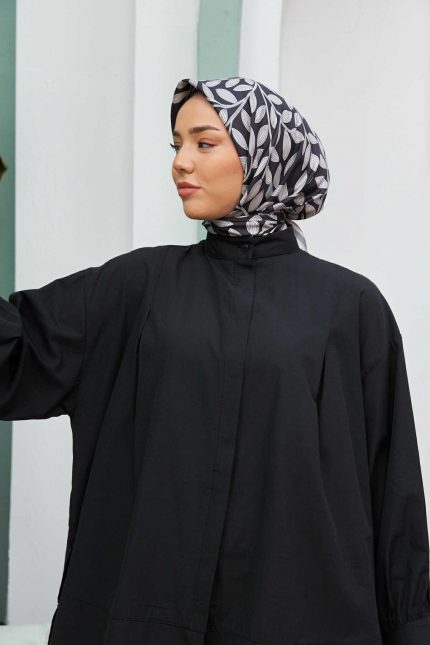 Silk Home Antrasit Yaprak Desenli Tivil İpek Eşarp 11397-10