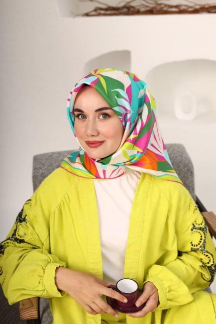 Silk Home Bebe Mavisi-Pembe Yaprak Desen Tivil İpek Eşarp 11406-27
