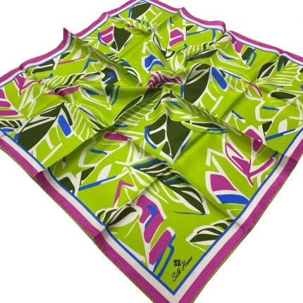 Silk Home Fıstık Yeşili-Pembe Geometrik Yaprak Desen Tivil İpek Eşarp 11407-603