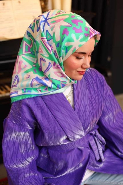 Silk Home Mavi Yeşil Karma Desen Tivil İpek Eşarp 11427-19