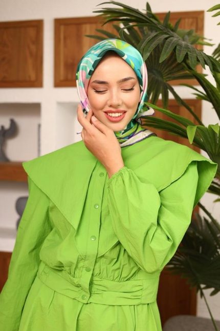 Silk Home Mint Yeşili- Pudra Yaprak Desen Tivil İpek Eşarp 11406-50