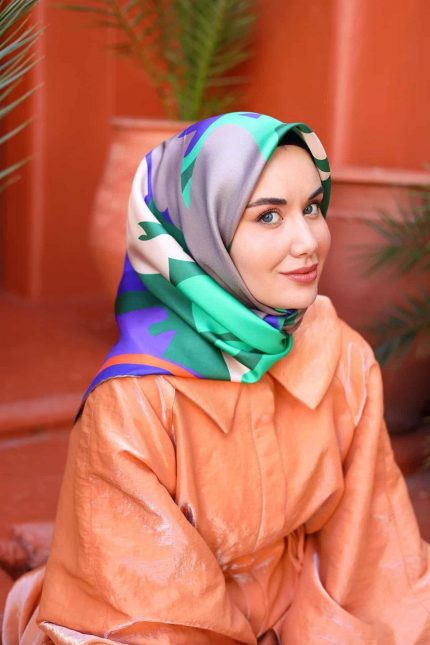 Silk Home Mor Yeşil Karma Desen Tivil İpek Eşarp 11425-05