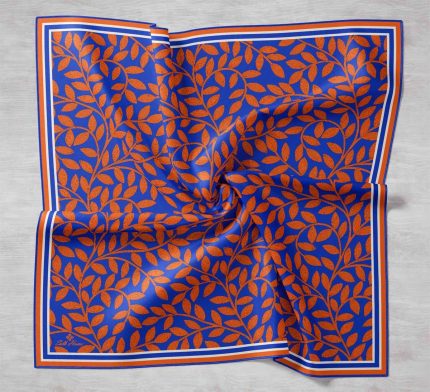 Silk Home Saks Mavi Turuncu Yaprak Desenli Sura İpek Eşarp 11397-13
