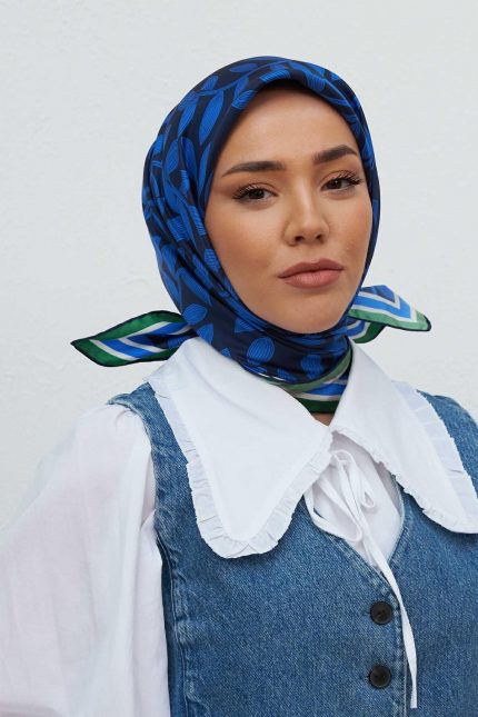 Silk Home Saks Mavi Yaprak Desenli Sura İpek Eşarp 11397-04