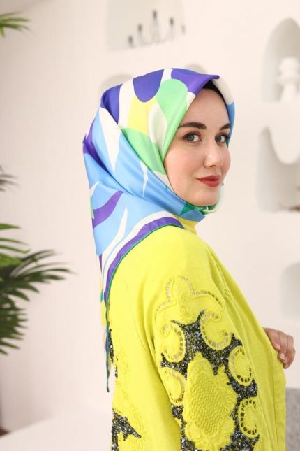 Silk Home Sarı-Mavi Çiçek Desen Tivil İpek Eşarp 11408-33