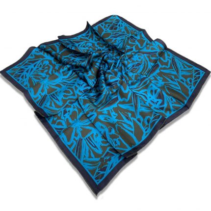 Silk Home Turkuaz-Haki Çiçek Desen Tivil İpek Eşarp 11419-100