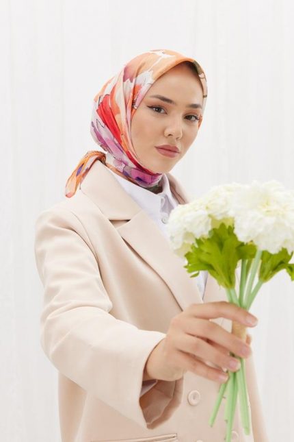 Silk Home Turuncu-Pembe Batik Çiçek Desen Soft Eşarp 73047-07