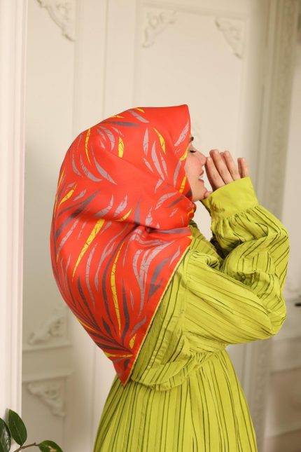 Silk Home Turuncu Sarı Desenli Tivil İpek Eşarp 11432-18