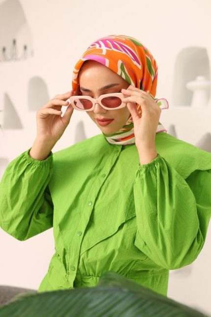 Silk Home Turuncu-Yeşil Geometrik Yaprak Desen Tivil İpek Eşarp 11407-21