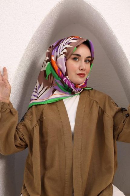 Silk Home Yeşil-Eflatun Yaprak Desen Tivil İpek Eşarp 11406-31